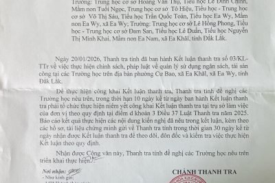 Kết luận thanh tra việc thực hiện chính sách, pháp luật về quản lí sử dụng ngân sách tài sản công tại các trường học trên địa bạn Phường Cư Bao, xã Ea Khăl, xã Ea Wy, tỉnh Đắk Lắk,